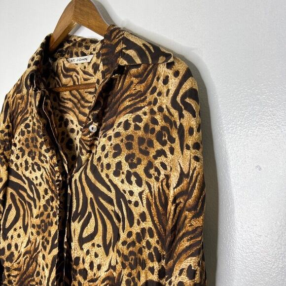 St John Brown Black 100% Silk Cheetah Leopard Blouse Size 10 Women's - Picture 2 of 11